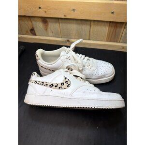 Nike Court Vision Low Womens 7.5 White Sneakers Leopard Print Swoosh